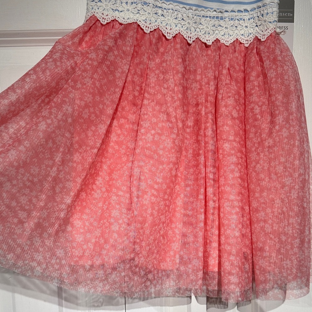Girls white and Blue Striped Kids Casual Dress with pink tulle bottom 3T - Picture 2 of 7
